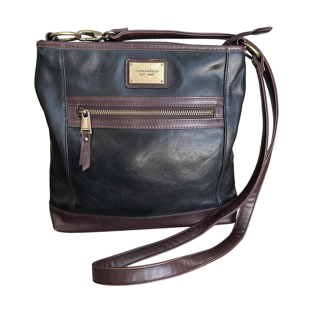 Tignanello Black Brown Leather Crossbody Bag Organizer Purse Brass Hardware